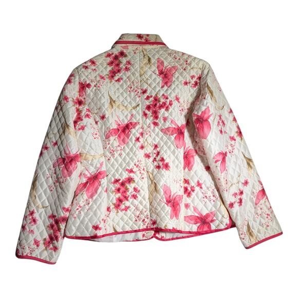 Vtg 1990s Anne Carson White Pink Quilted Floral 100% Silk Button Up Jacket Sz L - Picture 2 of 5